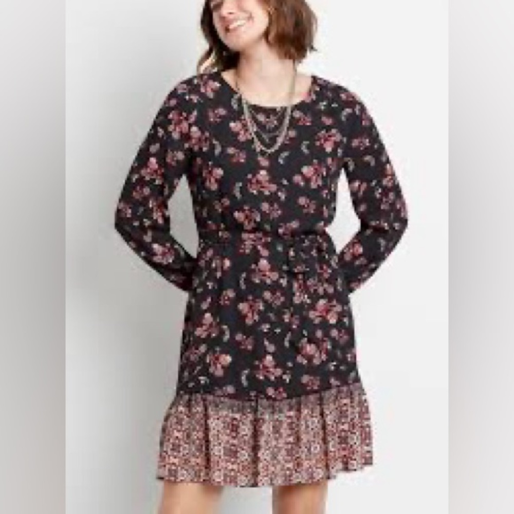 NWOT Maurices Black Floral Mini Dress with Pink Accents belted ruffle lined XXL